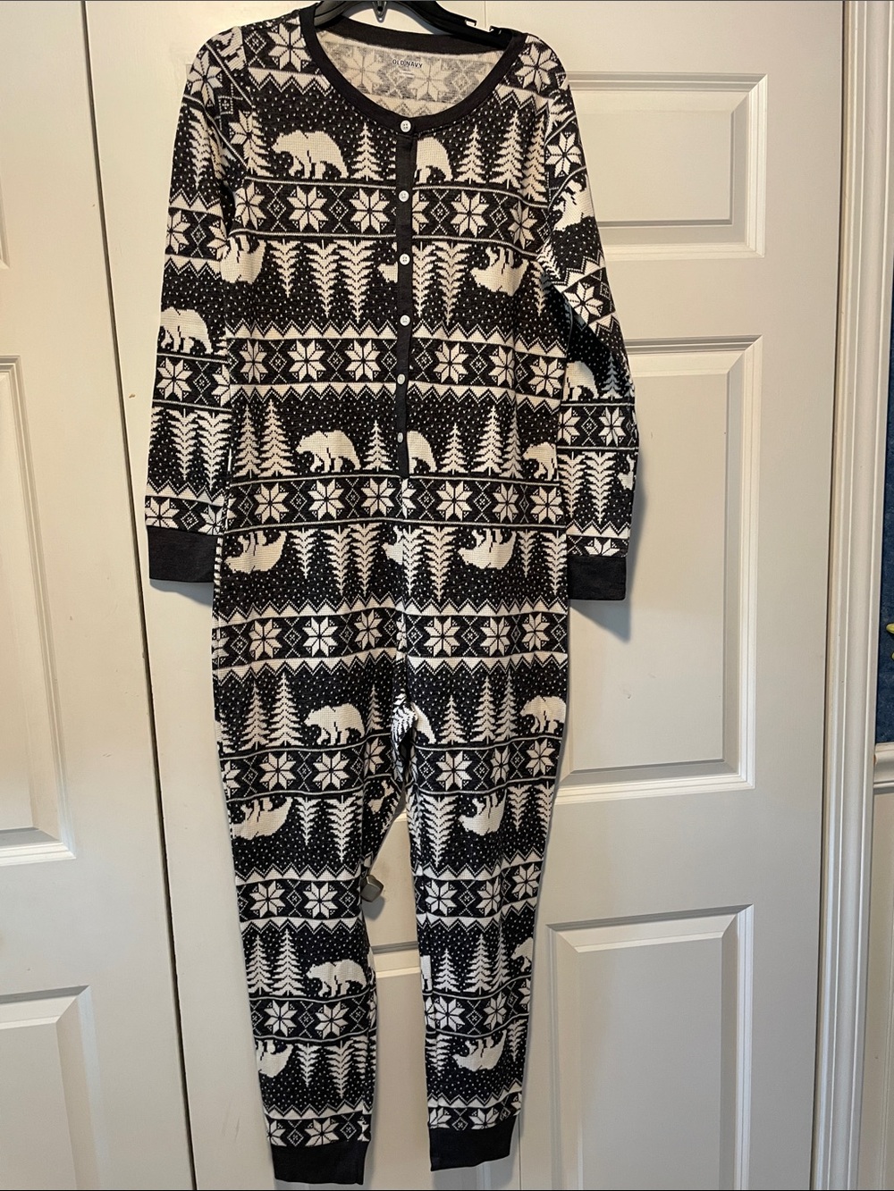 Cozy Black & White Bear Fair Isle One-Piece Pajama NWT